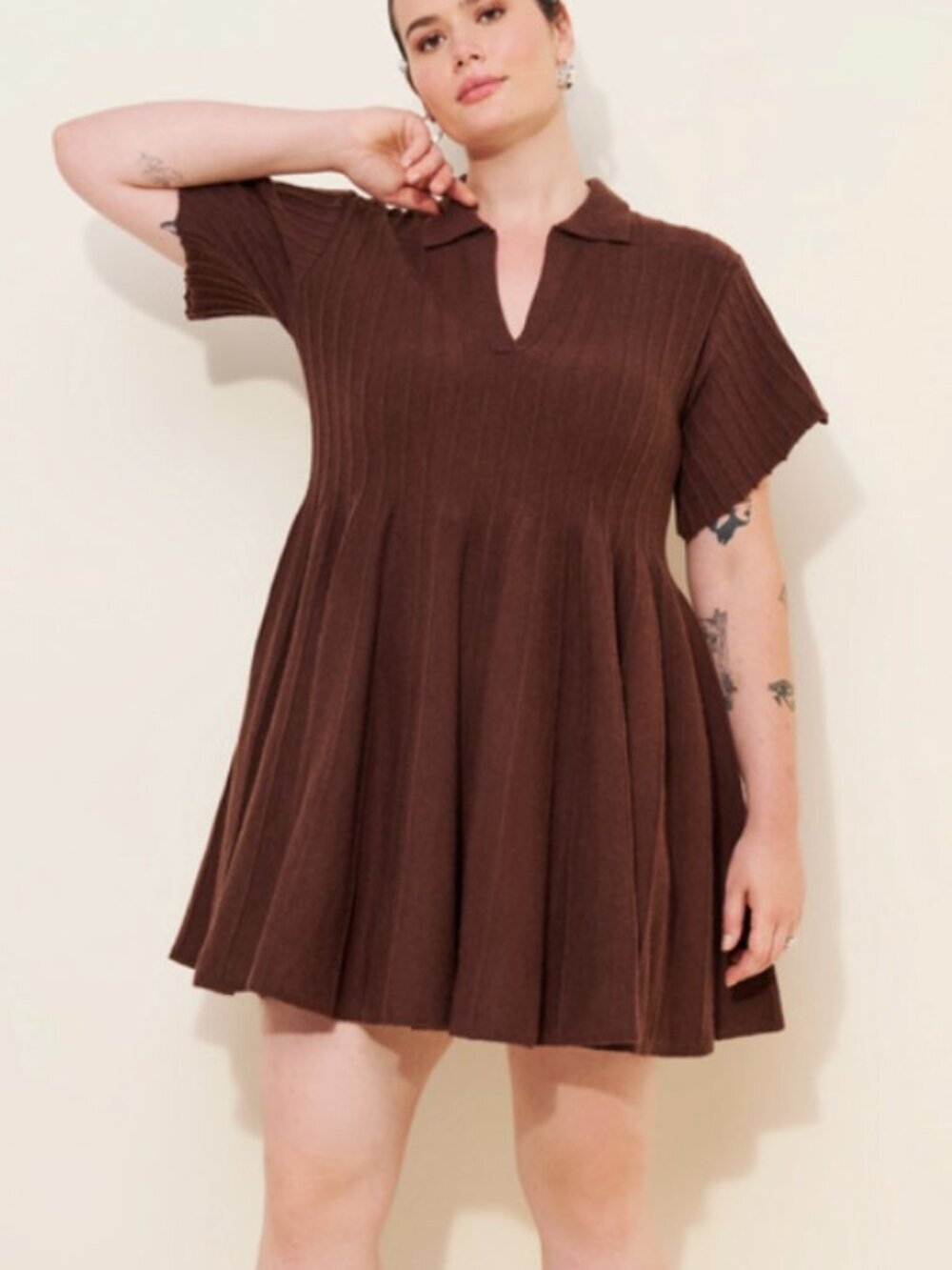 Anthropologie Brown Ribbed Knit Mini Dress 2X Collared Babydoll Flare Textured